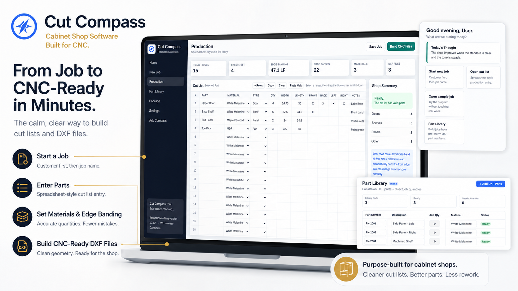 Cut Compass production screen and Part Library workflow